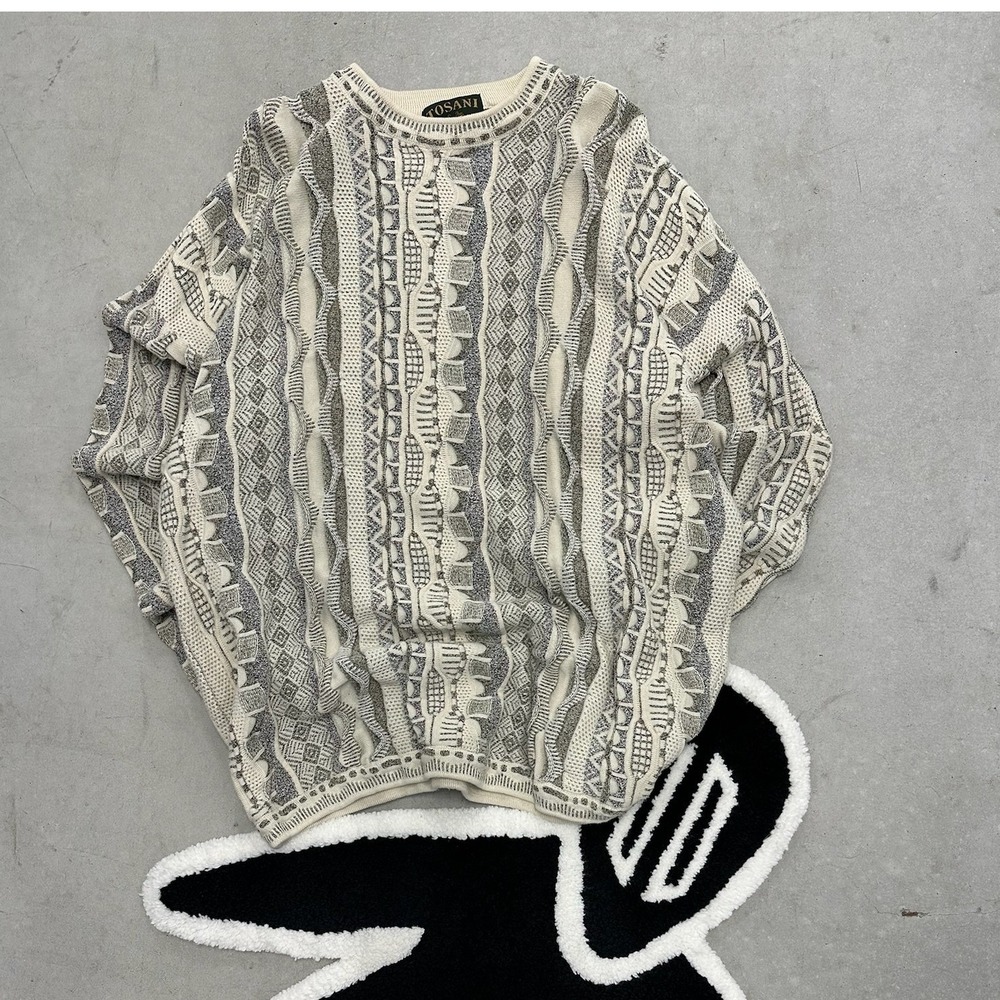 Tosani 3D Knit Sweater Mens‎ 2XLT Cream Grey Textured Coogi Style Made in Canada